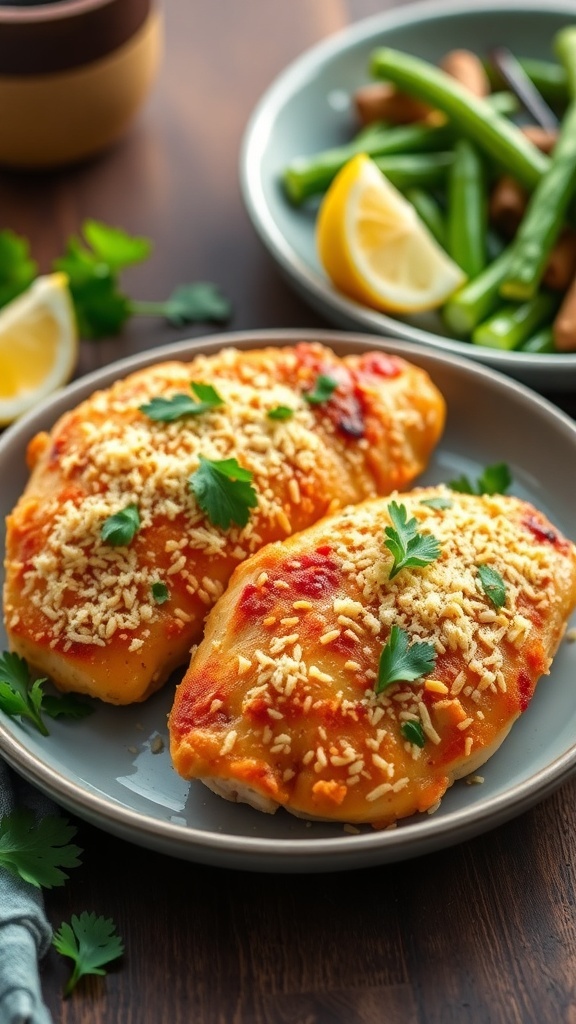 Crispy Parmesan chicken breasts garnished with parsley on a plate with vegetables.